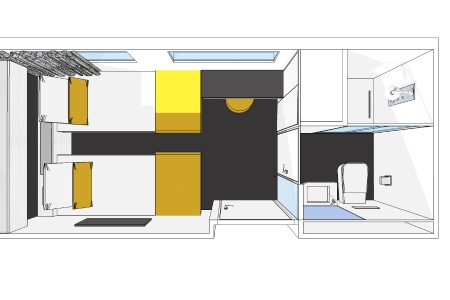Plan 3D d'une cabine de la péniche Madeleine