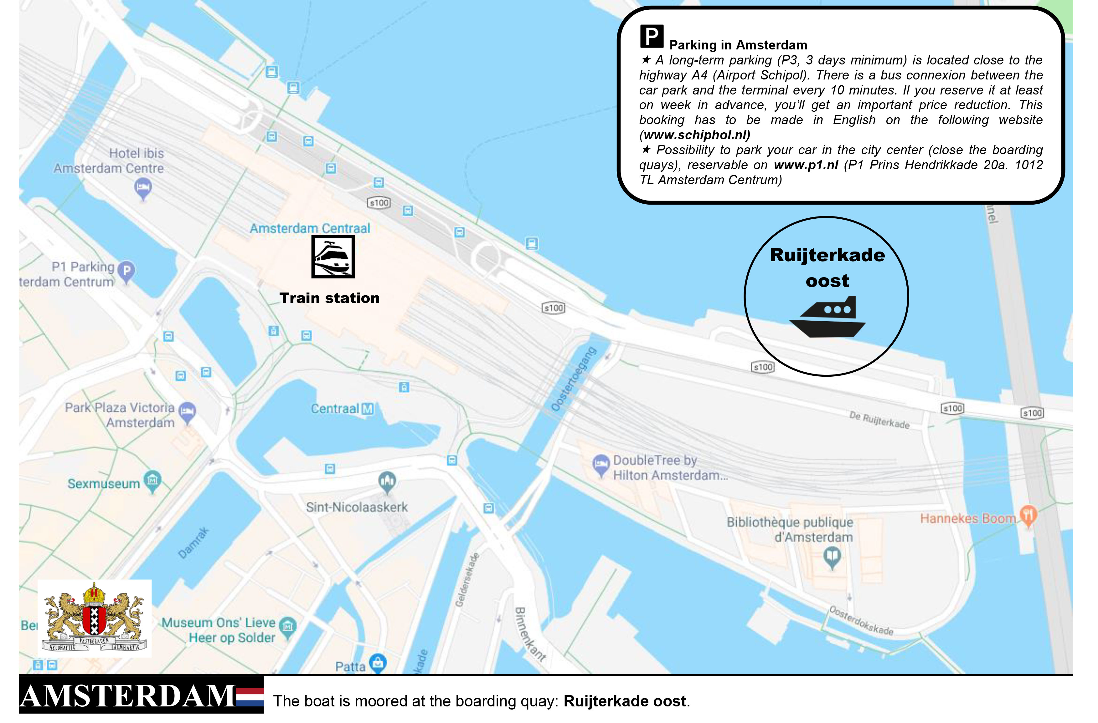 Map to reach Ruijterkade Oost docking terminal in Amsterdam to board your CroisiEurope Rhine cruise.