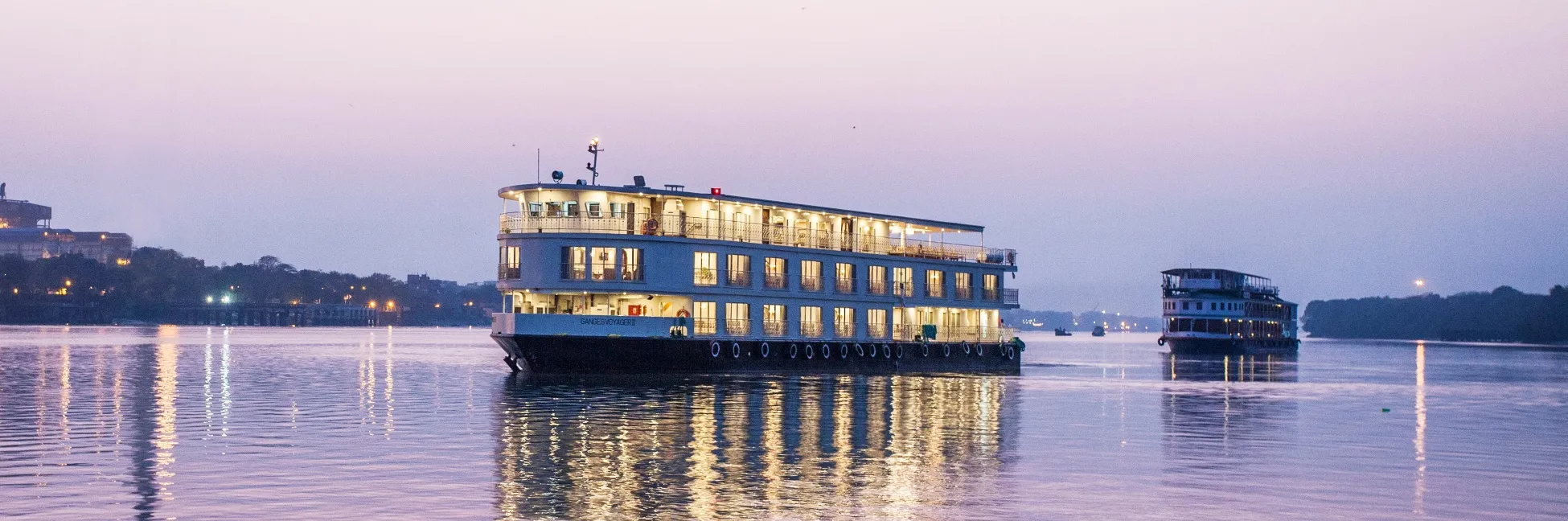 The RV Ganges Voyager is cruising by night