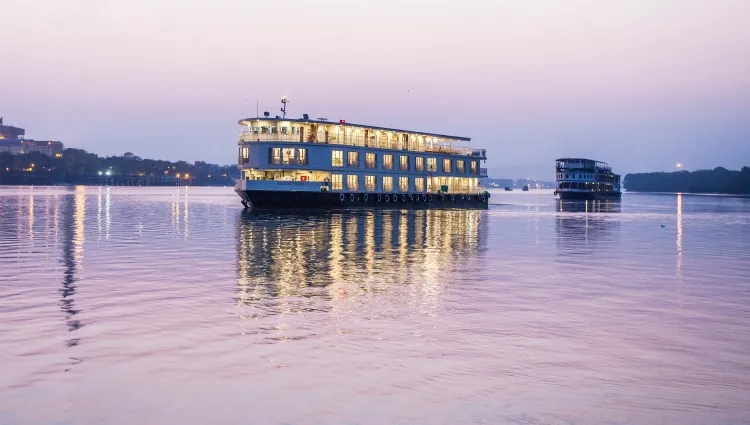 The RV Ganges Voyager is cruising by night