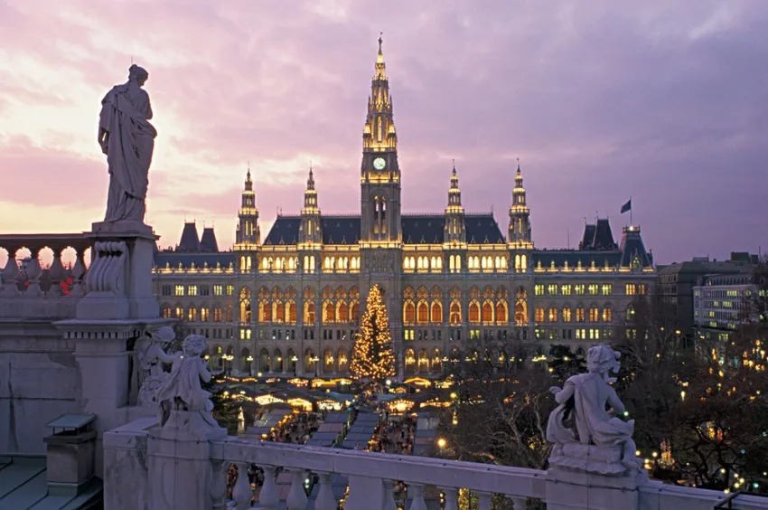 L'hôtel de ville et le marché de Vienne de nuit 