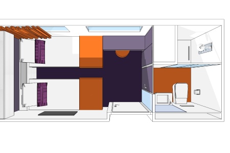 Plan 3D d'une cabine de la péniche Raymonde